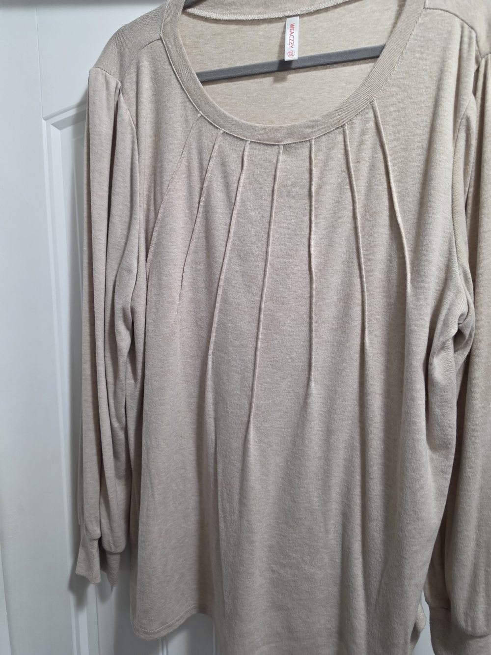 Weaczzy Long-Sleeve Pleated Scoop Neck Top - Taupe